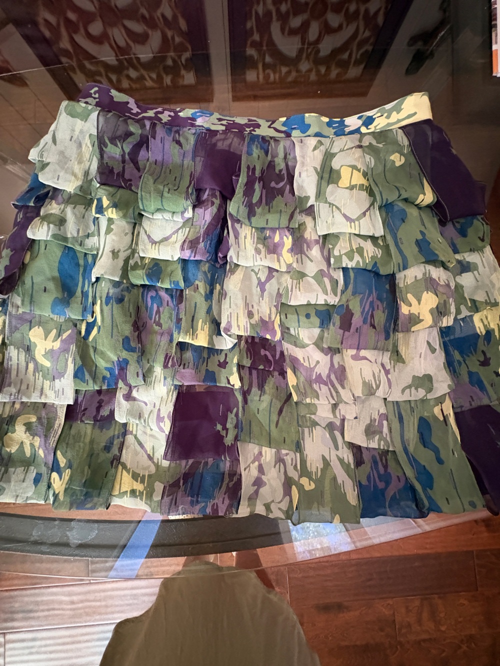 100% silk mini skirt by Vessel by timo. This is a showstopper - green purple
